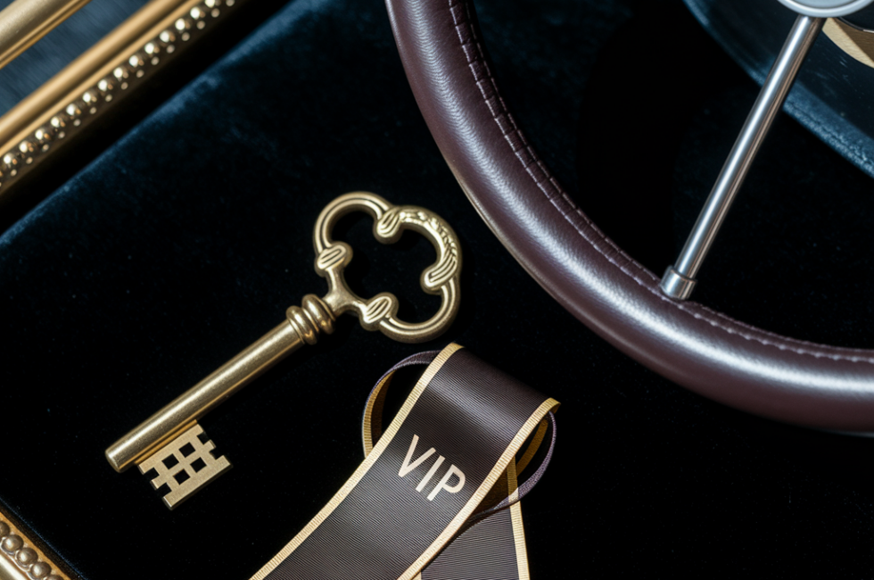 Golden key and VIP tie under yach steering wheel